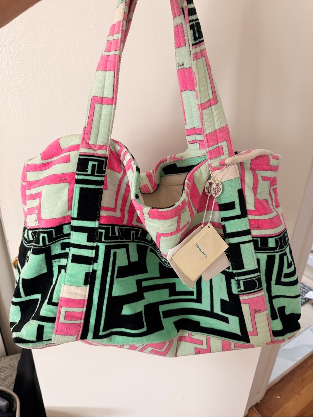 Emilio Pucci Pink, Mint and Black Geometric Tote